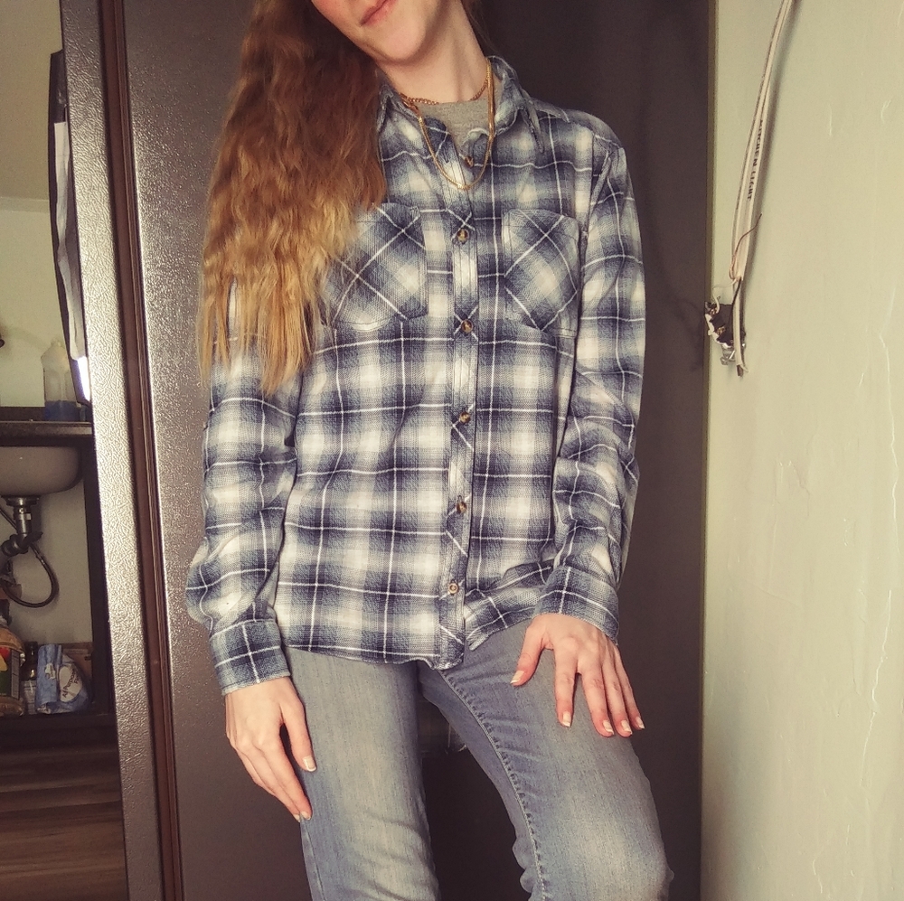 Soft Blue Plaid High-Low Boho Blouse